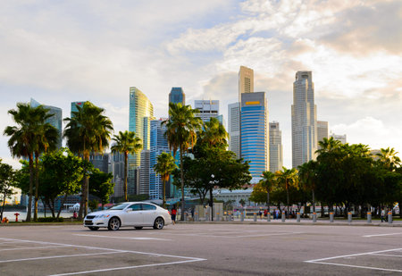 sunset view of Singapore downtown and marina bayの写真素材