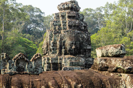 Prasat Bayon, part of Angkor Khmer temple complex, popular among tourists ancient lanmark and place of worship in Southeast Asia. Siem Reap, Cambodia.の写真素材
