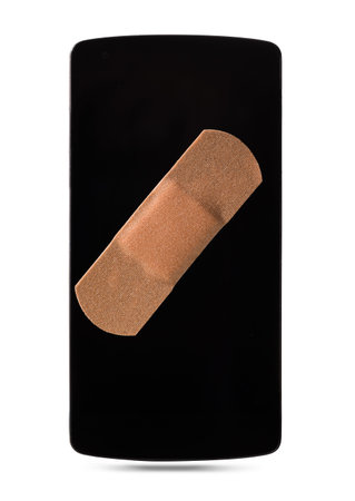 modern smartphone healed with plaster, isolated on white background