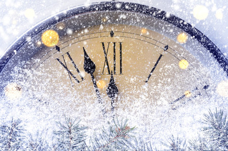 Countdown to midnight. Retro style clock counting last moments before Christmas or New Year.の写真素材