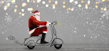 Santa Claus on scooter driving at Christmas or New Year snowy gray background