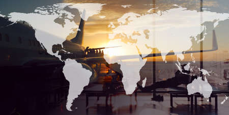 Airport and traveling the world. Waiting man silhouette and boarding queue. Double exposure collage.の写真素材