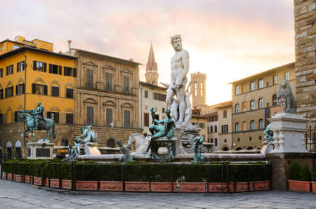 Fountain of Neptune sunrise view, Florence, Italyの写真素材