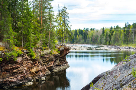 Vuoksa river and rocky canyon view in Imatra, Finlandの写真素材