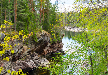 Vuoksa river and rocky canyon view in Imatra, Finlandの写真素材