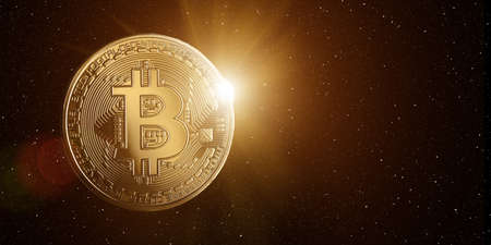 Bitcoin with rising sun behind, in starry space.の写真素材