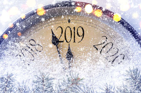 Countdown to midnight. Retro style clock counting last moments before Christmass or New Year 2019.の写真素材