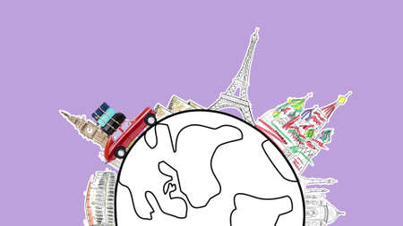 Around the world. Red retro toy car with travel cases driving by famous monuments on cartoon planet.の写真素材