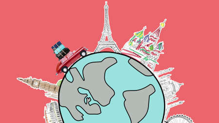 Around the world. Red retro toy car with travel cases driving by famous monuments on cartoon planet.の写真素材