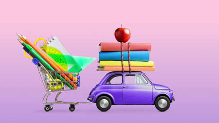 Back to school. Car delivering shopping cart with stationery, books and apple against purple and pink colored school blackboard with education symbols.の写真素材