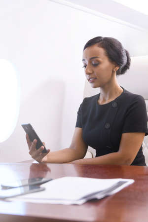 Business man working comfortably on laptop on board of private jet. Caucasian businessman travel inside of business airplane cabinwith glass of wine, view from above.の写真素材