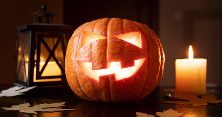 Carving glowing Halloween pumpkin or Jack oLantern with knife at home. Candle and lantern on background.の写真素材