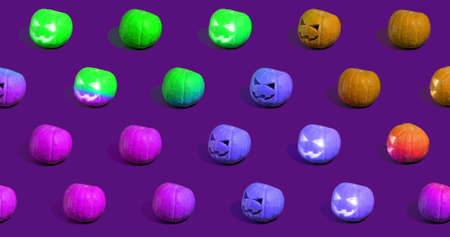 Halloween pumpkins Jack oLantern on purple background.の写真素材
