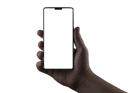 Phone in hand. Silhouette of male hand holding bezel-less smartphone with notch on white background. Screen is cut with clipping path.の写真素材