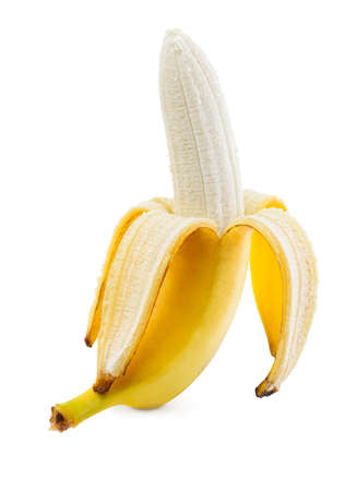 Fresh banana isolated. Ripe peeled organic banana on white background.の写真素材