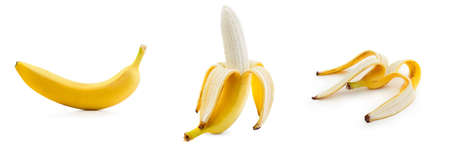 Fresh banana and peel isolated. Set of ripe organic bananas on white background.の写真素材
