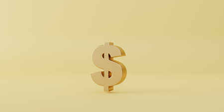 Gold dollar sign on yellow background for currency exchange and money transfer concept, dollar is main money of United States of America and some other countries with 3d rendering.の写真素材