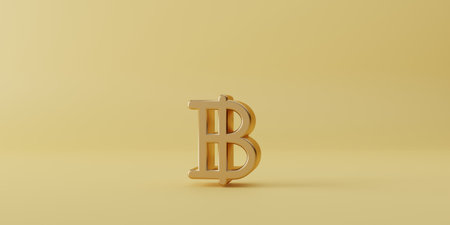 Gold baht sign on yellow background for currency exchange and money transfer concept, baht is currency used in country of thailand with 3d rendering.の写真素材