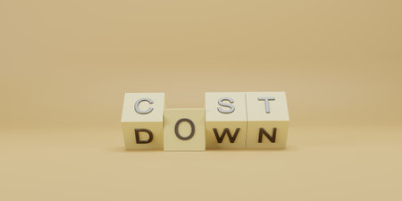 3D rendering of wooden cubes forming the word cost on yellow backgroundの写真素材
