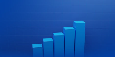 Blue business chart 3d graph growth financial marketing concept on success strategy background with digital finance diagram analysis data symbol or increase economy earning targetの写真素材