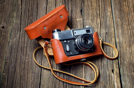 Vintage film camera with caseの写真素材