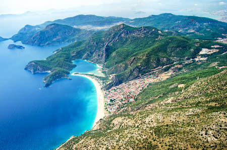 View from paraglider. Oludeniz, bay of the blue lagoon. FETHIYE, TURKEY.の写真素材