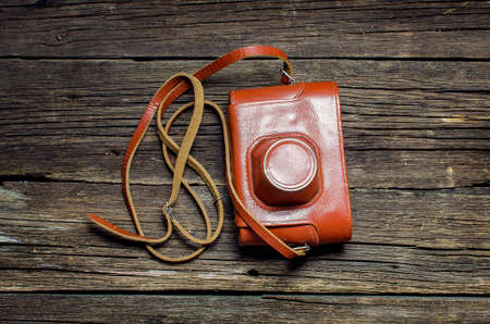 Retro camera in a leather caseの写真素材