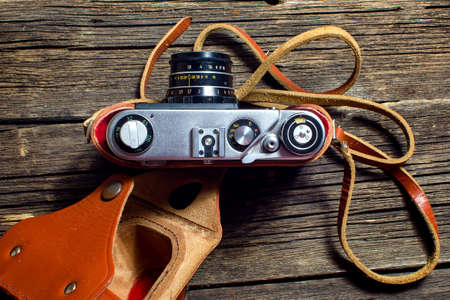 Retro camera in a leather caseの写真素材