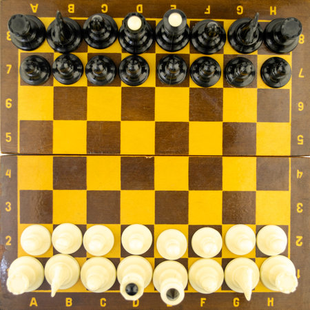 black and white chess pieces stand on a chessboard before the start of a game, top view