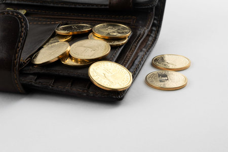 coins worth 1 dollar are poured out of a purse on a white backgroundの写真素材