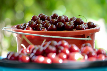 harvest of red ripe cherries harvested in the garden