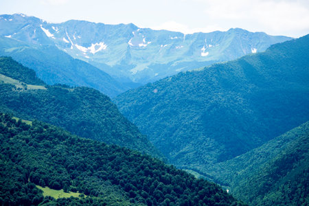 The mountain landscape, mountains, green trees, valley, glaciers Arkhyz Karachay-Cherkessia Russiaの写真素材