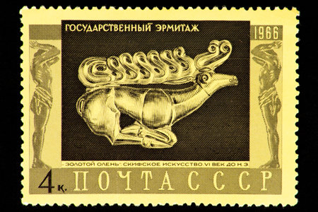 07.24.2019 Divnoe Stavropol Territory Russia Postage stamp USSR 1966 Series - The State Hermitage Museum Golden Deer. Scythian art 6th century BCのeditorial素材