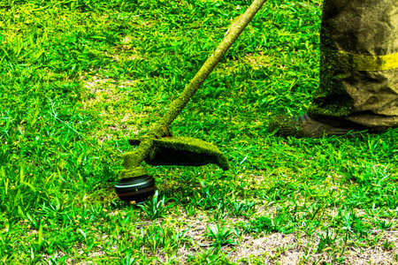man in work clothes mows green grass with trimmer