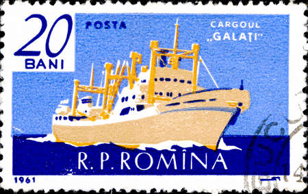 02 10 2020 Divnoe Stavropol Territory Russia postage stamp Romania 1961 Ships Merchant Navy bulk carrier Galatiのeditorial素材