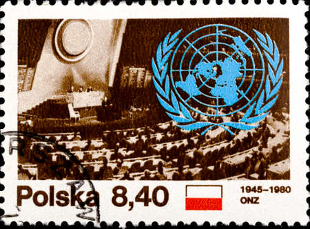 02 11 2020 Divnoe Stavropol Territory Russia postage stamp Poland 1980 The 35th Anniversary of the United Nations meeting room and organization logoのeditorial素材
