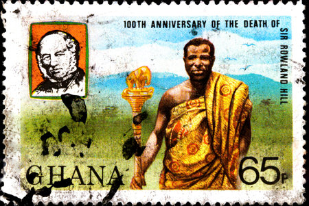02 11 2020 Divnoe Stavropol Territory Russia Ghana postage stamp 1980 The 100th Anniversary of the Death of Sir Rowland Hill, 1795-1879 people in national clothes with a staff in handのeditorial素材