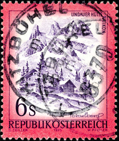 02.09.2020 Divnoe Stavropol Territory Russia postage stamp Austria 1975 Landscapes of Austria Lindauer H tte im R tikon, Vorarlberg mountain landscape with houses in the foregroundのeditorial素材