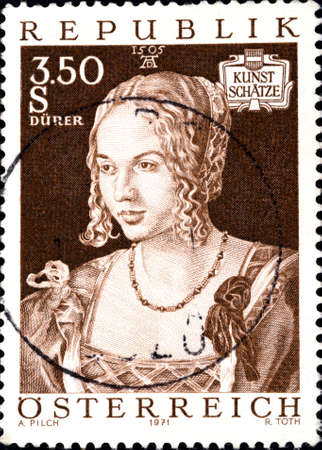 02.09.2020 Divnoe Stavropol Territory Russia postage stamp Austria 1971 Art Treasures in Austria Venice Girl by Albrecht D rer 1471-1528 portrait of a girlのeditorial素材