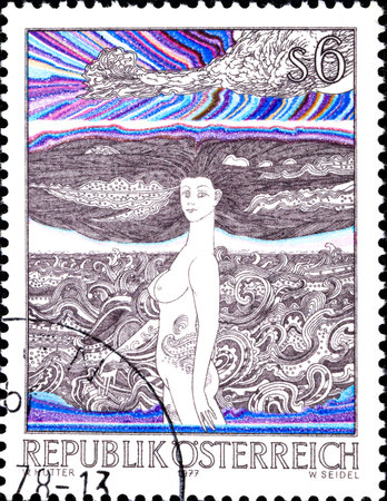 02 10 2020 Divnoe Stavropol Territory Russia postage stamp Austria 1977 Modern Art in Austria Das Donaum dchen painting by Wolfgang Hutter b. 1928のeditorial素材