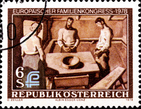 02.09.2020 Divnoe Stavropol Krai Russia postage stamp Austria 1978 European Conference on the Family 1978 Saying Grace , painting by Albin Egger-Lienz family praying near an empty tableのeditorial素材