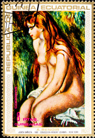 02 10 2020 Divnoe Stavropol Territory Russia postage stamp Equatorial Guinea 1973 Paintings by Pierre-Auguste Renoir, 1841-1919 Young Bather 1892 collection Robert Lehman New York nude woman sitting on a benchのeditorial素材