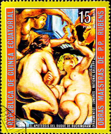 02.11.2020 Divnoe Stavropol Territory Russia postage stamp Equatorial Guinea 1972 Paintings by Peter Paul Rubens The apotheosis Duke Duke of Buckingham fragment London National Gallery nude women holding a wreathのeditorial素材
