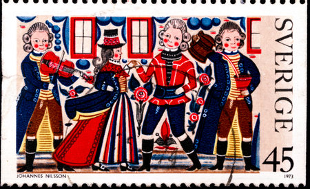02.09.2020 Divnoe Stavropol Territory Russia postage stamp Sweden 1973 Folklore Paintings Peasant Paintings Christmas people dancing at the ballのeditorial素材