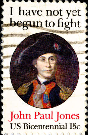 02 11 2020 Divnoe Stavropol Territory Russia Postage Stamp United States 1979 John Paul Jones I have not yet begun to fight portrait of a military man and his quote.のeditorial素材