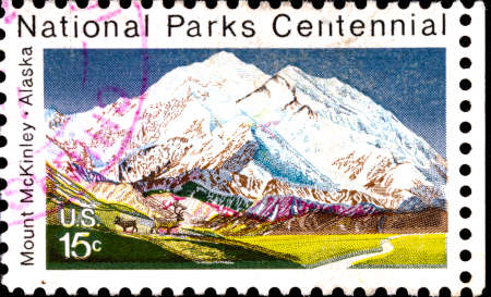 02.09.2020 Divnoe Stavropol Territory Russia Postage Stamp United States 1972 The 100th Anniversary of National Parks - Denali National Park and Preserve Mount Mckinley, Alaska Mountain Landscapeのeditorial素材