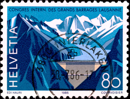 02 08 2020 Divnoe Stavropol Krai Russia postage stamp Switzerland 1985 Anniversaries - International Congress on Large Dams, Lausanne Grande Dixence river damのeditorial素材