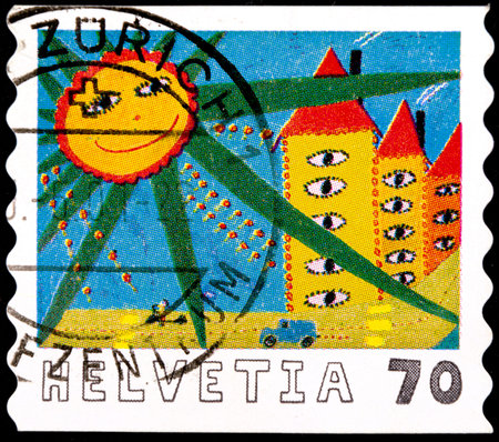 02 08 2020 Divnoe Stavropol Territory Russia postage stamp Switzerland 2000 International Children s Paintings Competition Glances under the Sun by Charlotte B ttigのeditorial素材