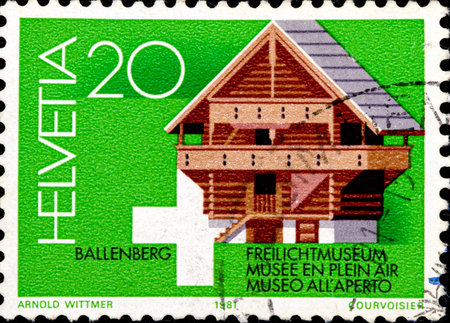 02 10 2020 Divnoe Stavropol Krai Russia postage stamp Switzerland 1981 The 2nd Anniversary of the Open Air Museum, Ballenberg, Storage shed of Kiesen 17th Cty.のeditorial素材