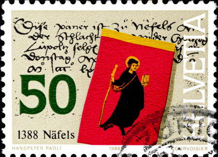 02 10 2020 Divnoe Stavropol Krai Russia postage stamp Switzerland 1988 Anniversaries Battle of N fels 1388 St.-Fridolins Bannerのeditorial素材